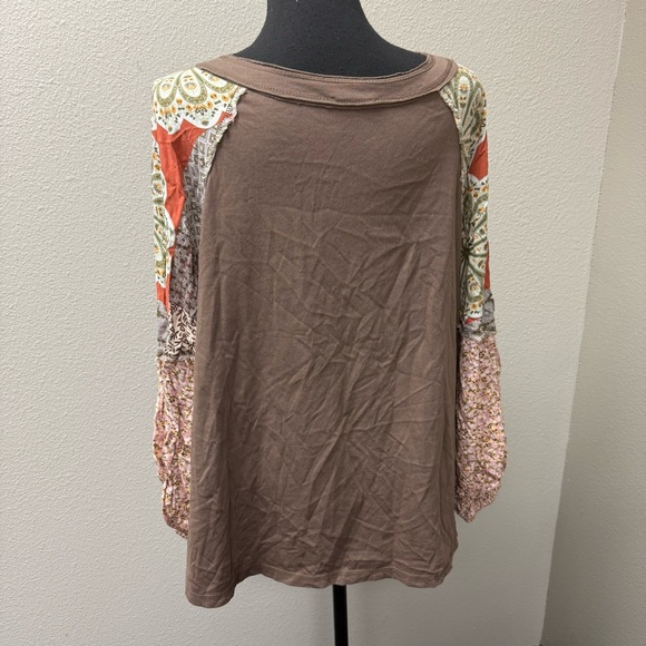 Easel Boho Patchwork Top L Brown Floral Sleeve Mixed Print Casual Chic - Picture 5 of 10